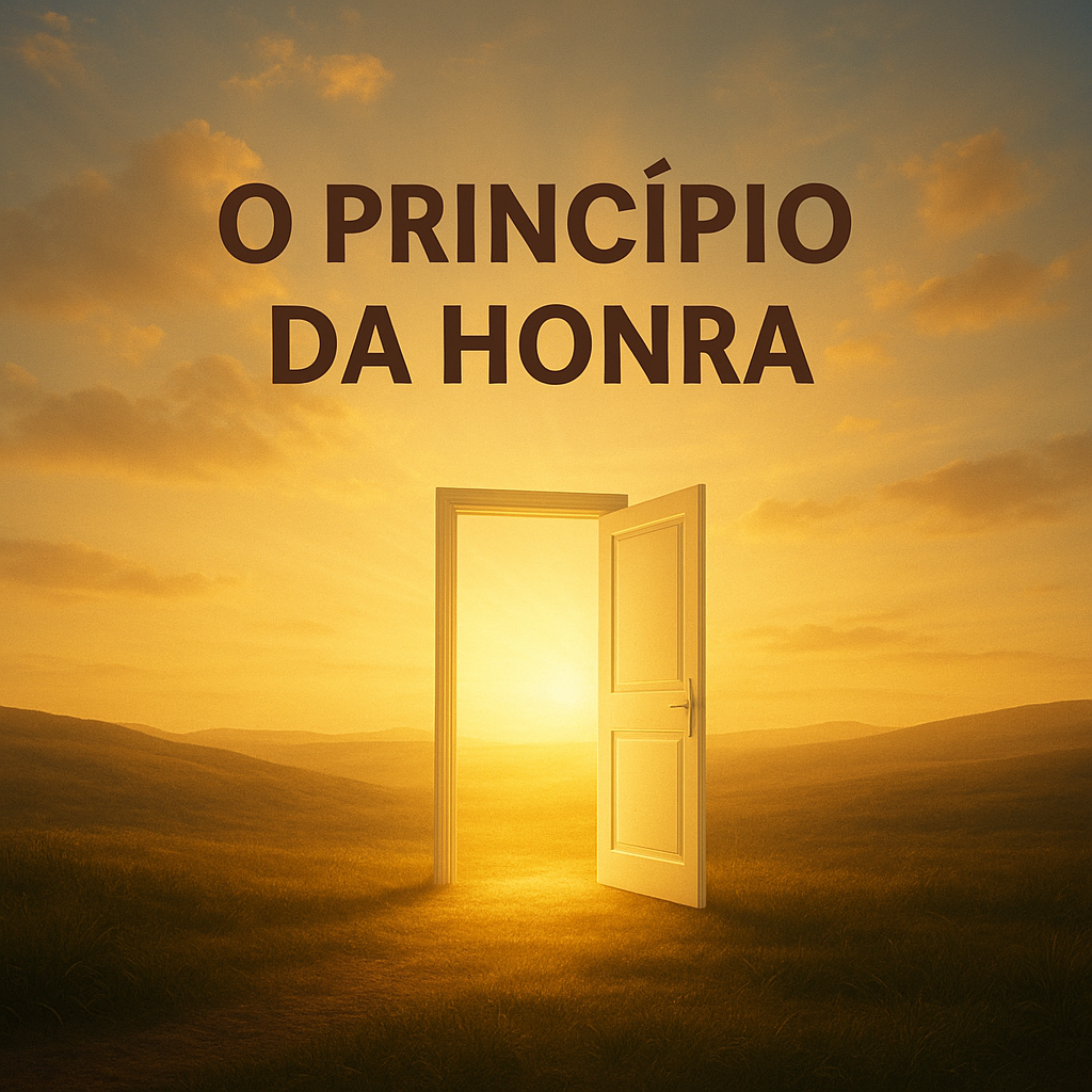 "Porta branca aberta em uma paisagem dourada ao pôr do sol, com a frase 'O Princípio da Honra' acima, simbolizando acesso a novas possibilidades e crescimento espiritual."