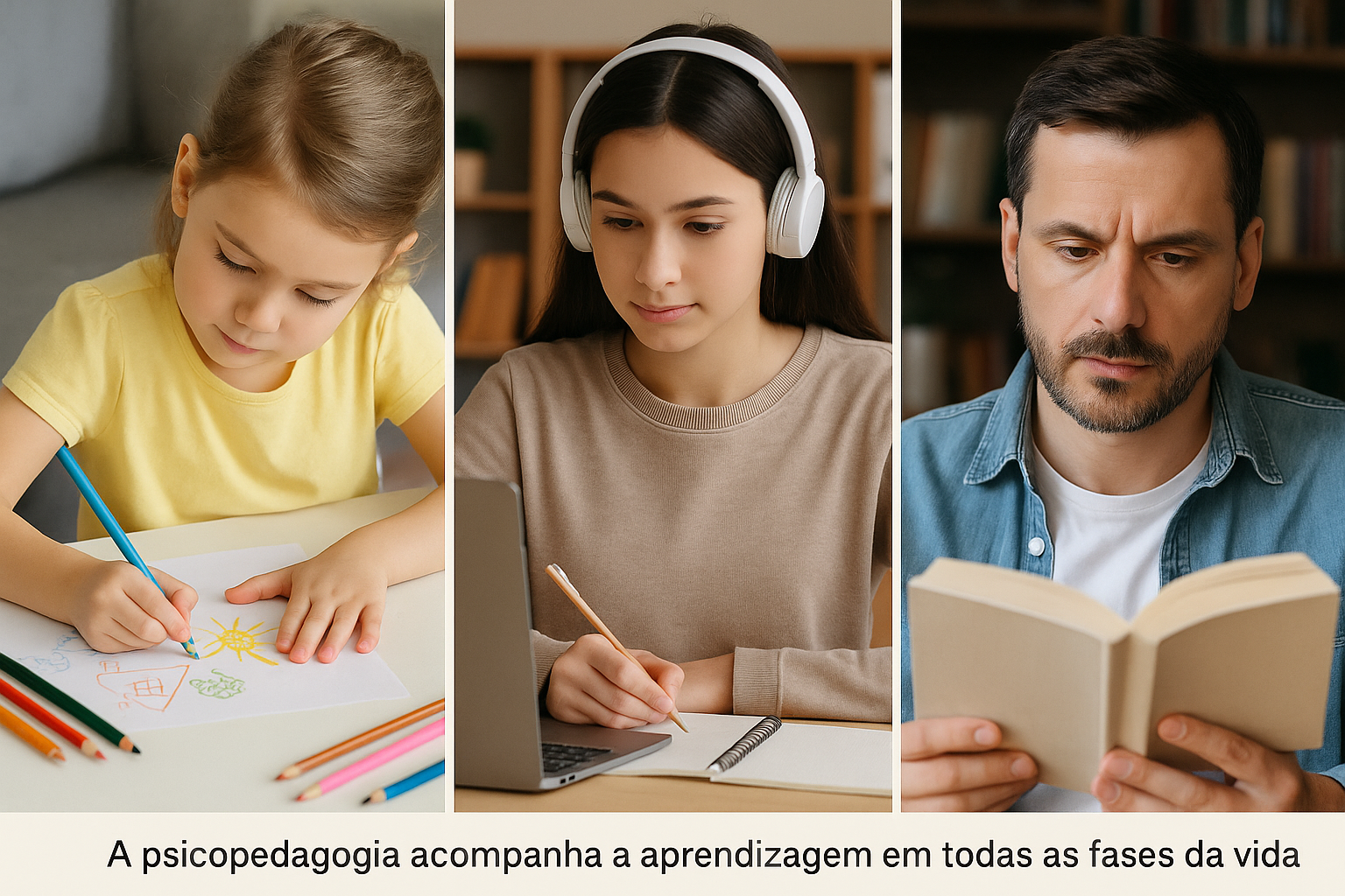 Pessoas de diferentes idades em momentos de aprendizagem.