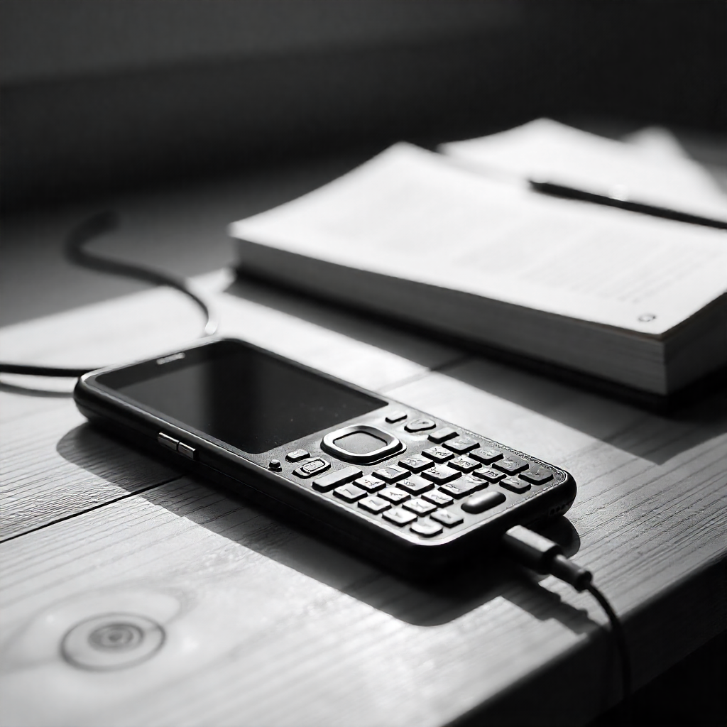 Celular com teclado físico sobre uma mesa de estudos, ao lado de cadernos, caneta e livros abertos, em ambiente iluminado por luz natural. Representa foco, simplicidade e comunicação essencial com o uso dos Dumbpfhones.