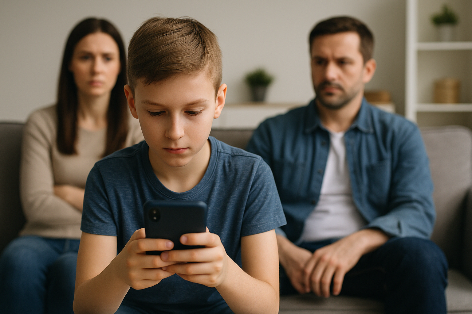 Menino distraído com celular no sofá enquanto seus pais, sentados atrás, o observam com expressão preocupada, refletindo a desconexão familiar causada pelo uso excessivo de telas.