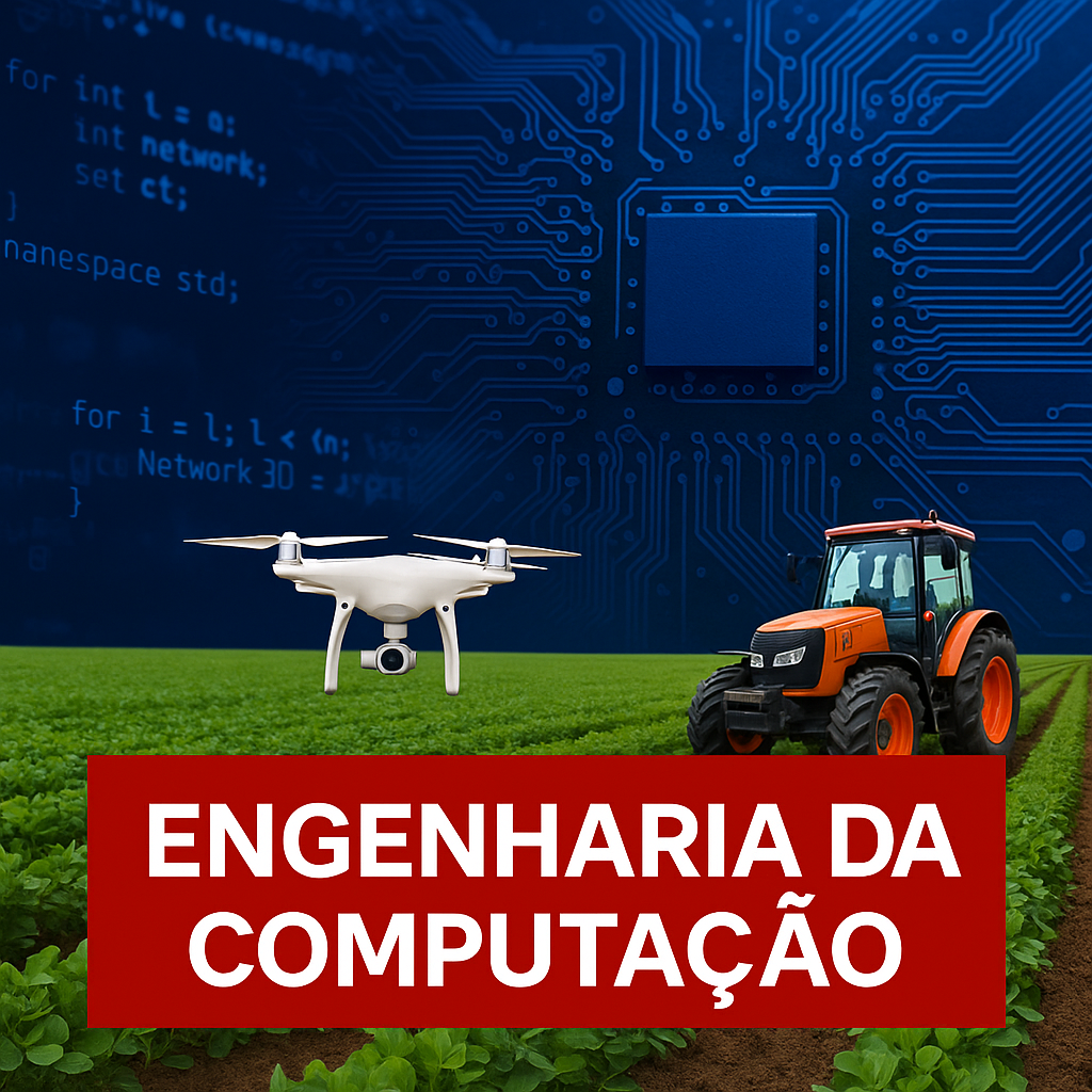 Imagem que ilustra a engenharia da computação aplicada ao agronegócio. Fundo com campo verde cultivado, um drone branco voando à esquerda e um trator laranja à direita. Ao fundo, um circuito eletrônico azul com linhas e um chip, simbolizando tecnologia e computação. No centro inferior, um retângulo vermelho com texto branco em destaque: ENGENHARIA DA COMPUTAÇÃO.
