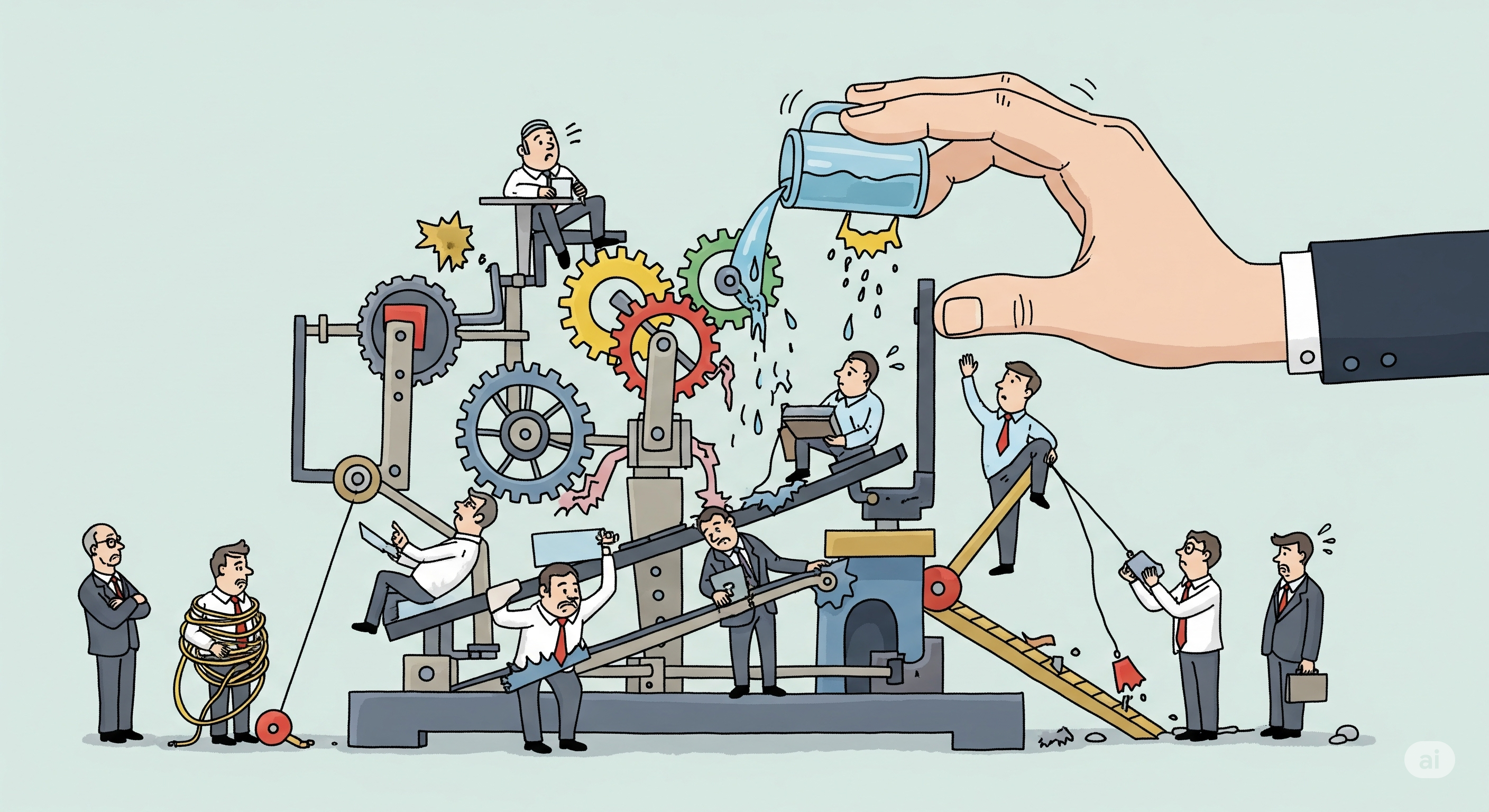 Uma ilustração conceitual de uma equipe de trabalho lutando para operar um mecanismo complexo e desorganizado, enquanto uma mão grande, representando a gestão, interfere e causa mais problemas.