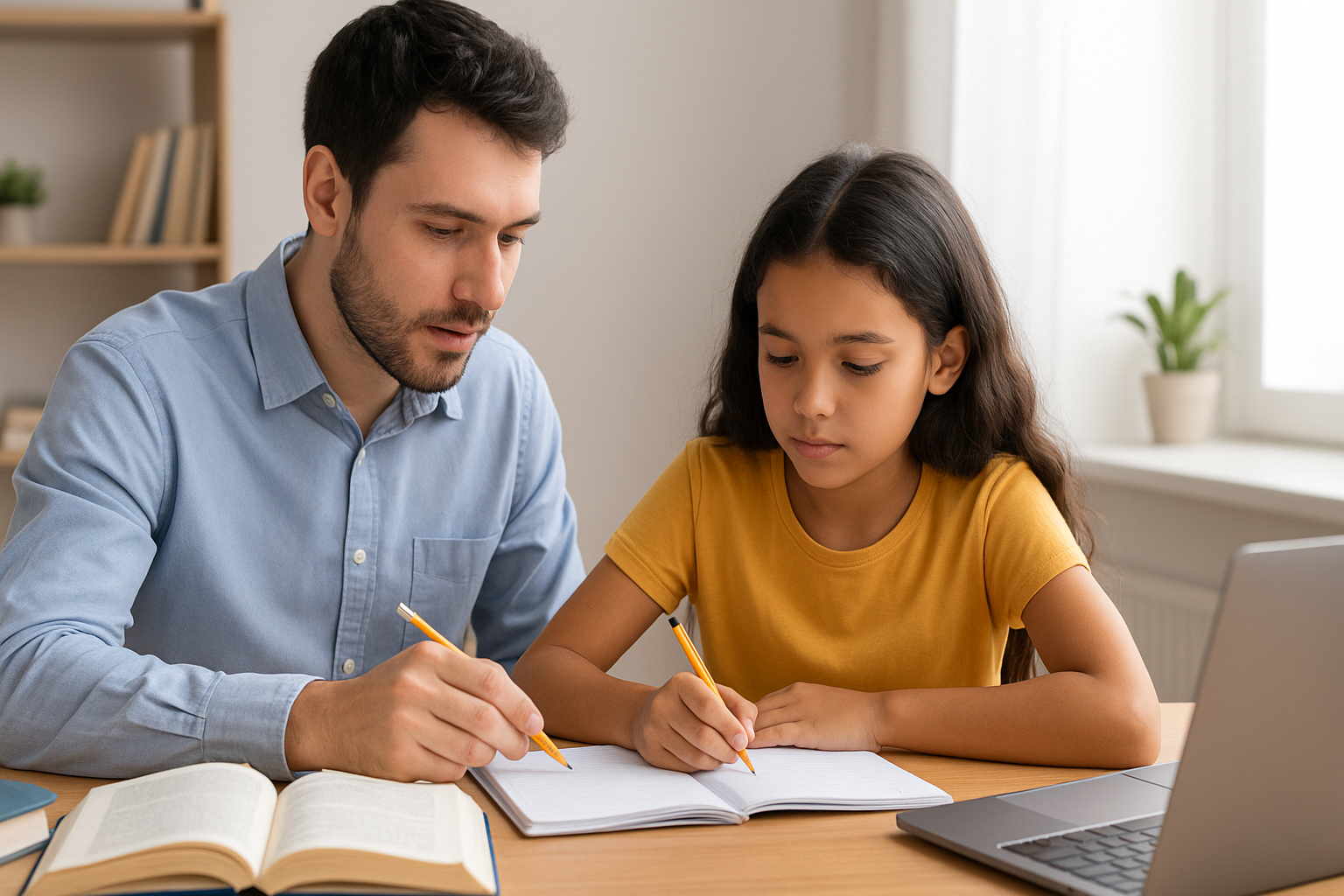 "Professor auxiliando uma estudante em atividade escolar, ambos sentados à mesa com cadernos, livros e notebook, em ambiente iluminado por luz natural."