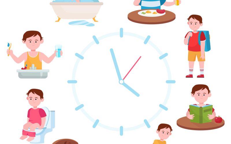 Child daily routine clocks flat vector illustration. Cartoon schedule of happy boy life from eating breakfast, going school to sleeping. Health and activity concept