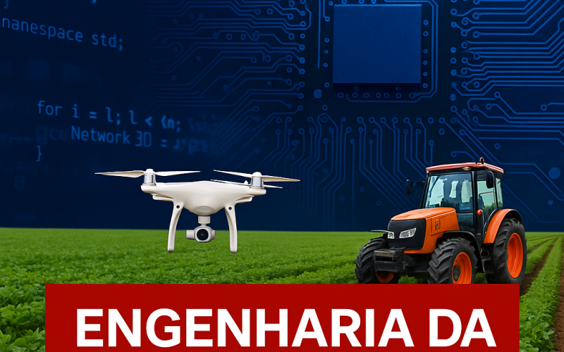 Imagem que ilustra a engenharia da computação aplicada ao agronegócio. Fundo com campo verde cultivado, um drone branco voando à esquerda e um trator laranja à direita. Ao fundo, um circuito eletrônico azul com linhas e um chip, simbolizando tecnologia e computação. No centro inferior, um retângulo vermelho com texto branco em destaque: ENGENHARIA DA COMPUTAÇÃO.