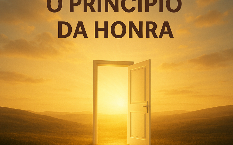 "Porta branca aberta em uma paisagem dourada ao pôr do sol, com a frase 'O Princípio da Honra' acima, simbolizando acesso a novas possibilidades e crescimento espiritual."