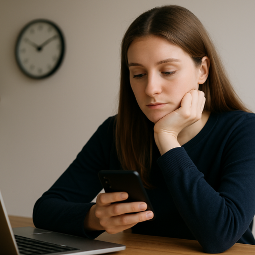 Pessoa distraída no celular em vez de trabalhar, simbolizando a procrastinação e o adiamento de tarefas.