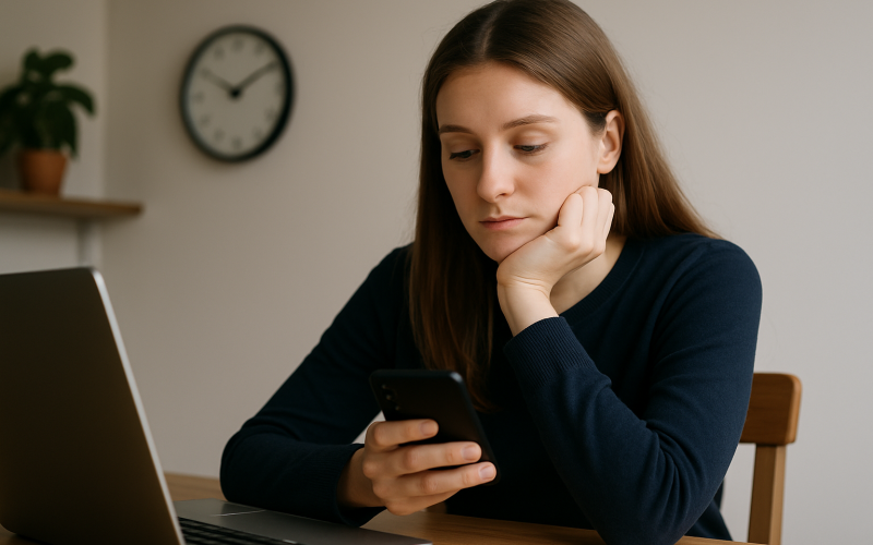 Pessoa distraída no celular em vez de trabalhar, simbolizando a procrastinação e o adiamento de tarefas.