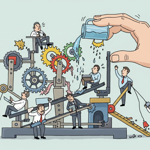 Uma ilustração conceitual de uma equipe de trabalho lutando para operar um mecanismo complexo e desorganizado, enquanto uma mão grande, representando a gestão, interfere e causa mais problemas.