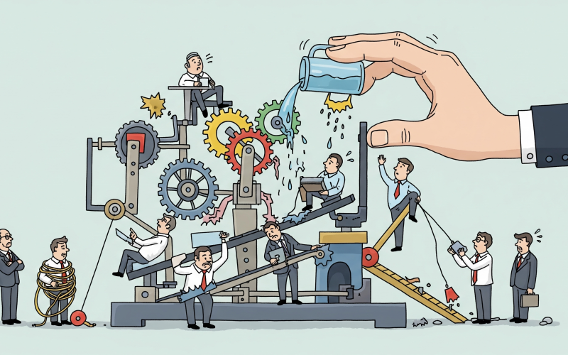 Uma ilustração conceitual de uma equipe de trabalho lutando para operar um mecanismo complexo e desorganizado, enquanto uma mão grande, representando a gestão, interfere e causa mais problemas.