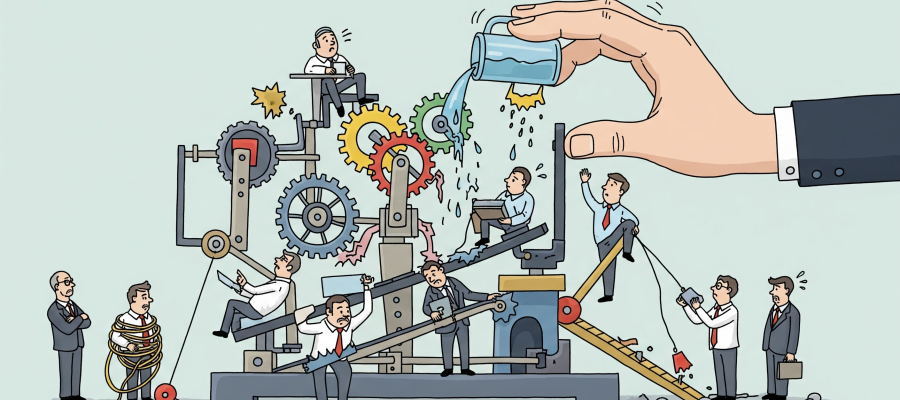 Uma ilustração conceitual de uma equipe de trabalho lutando para operar um mecanismo complexo e desorganizado, enquanto uma mão grande, representando a gestão, interfere e causa mais problemas.