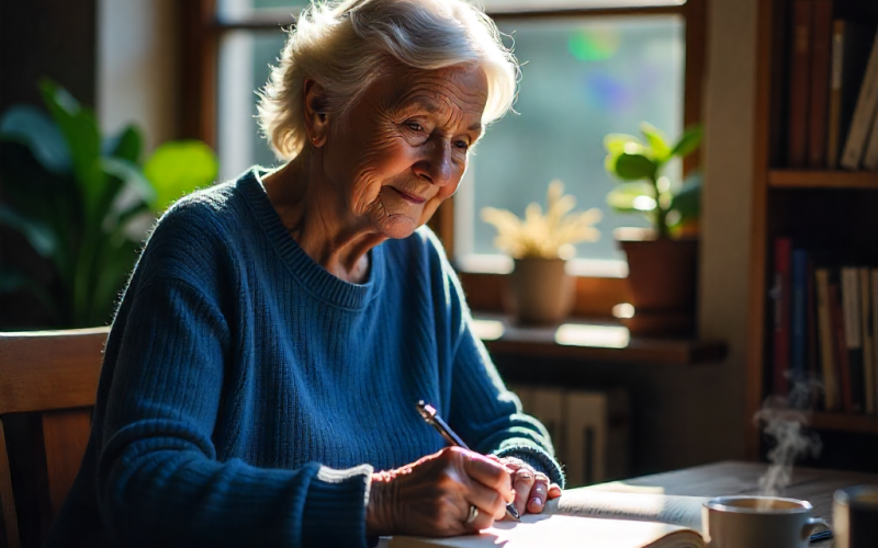 Pessoa escrevendo à mão com caneta sobre caderno
