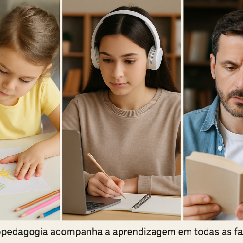 Pessoas de diferentes idades em momentos de aprendizagem.