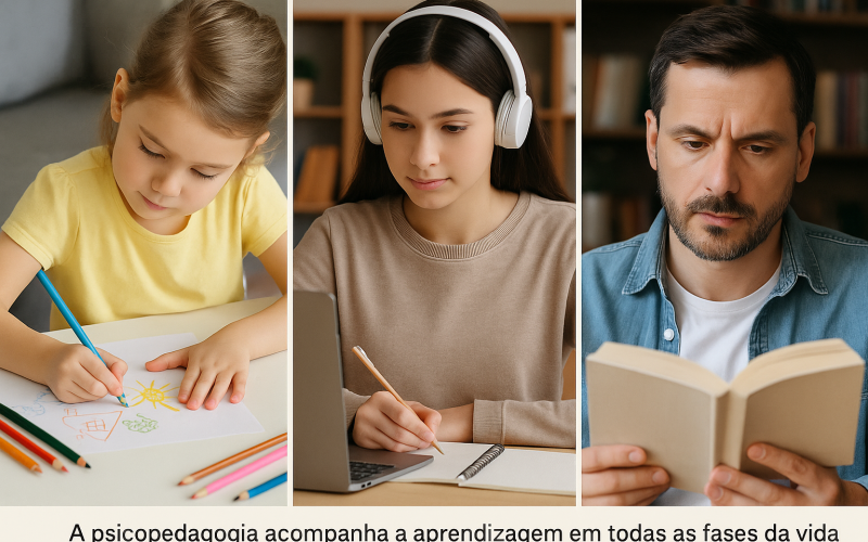 Pessoas de diferentes idades em momentos de aprendizagem.