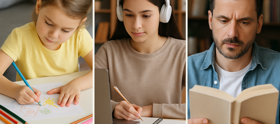 Pessoas de diferentes idades em momentos de aprendizagem.