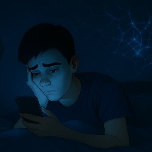 Neurociência: "Ilustração digital mostrando uma adolescente usando celular antes de dormir, com destaque para um cérebro em destaque, simbolizando o impacto da luz azul e da tecnologia no ciclo do sono."