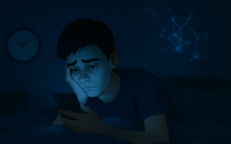 Neurociência: "Ilustração digital mostrando uma adolescente usando celular antes de dormir, com destaque para um cérebro em destaque, simbolizando o impacto da luz azul e da tecnologia no ciclo do sono."