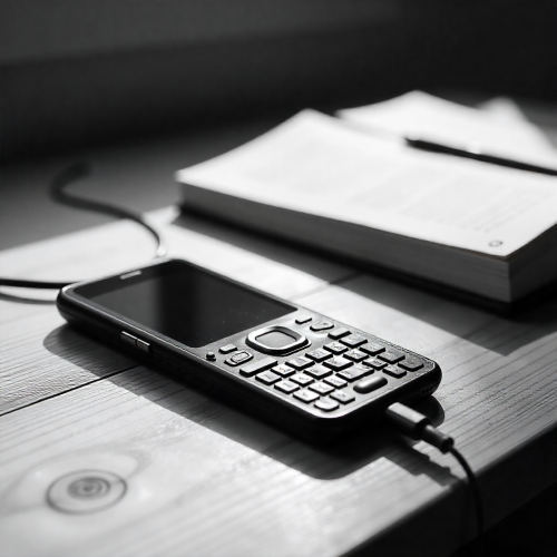 Celular com teclado físico sobre uma mesa de estudos, ao lado de cadernos, caneta e livros abertos, em ambiente iluminado por luz natural. Representa foco, simplicidade e comunicação essencial com o uso dos Dumbpfhones.