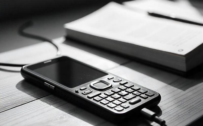 Celular com teclado físico sobre uma mesa de estudos, ao lado de cadernos, caneta e livros abertos, em ambiente iluminado por luz natural. Representa foco, simplicidade e comunicação essencial com o uso dos Dumbpfhones.