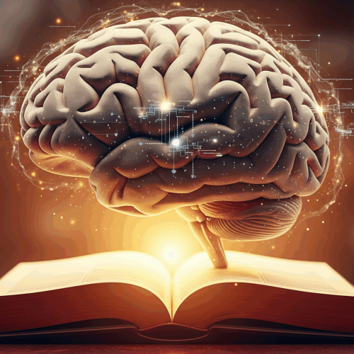 Cérebro humano estilizado, brilhante e conectado digitalmente, pairando sobre um livro aberto que emana uma luz dourada.