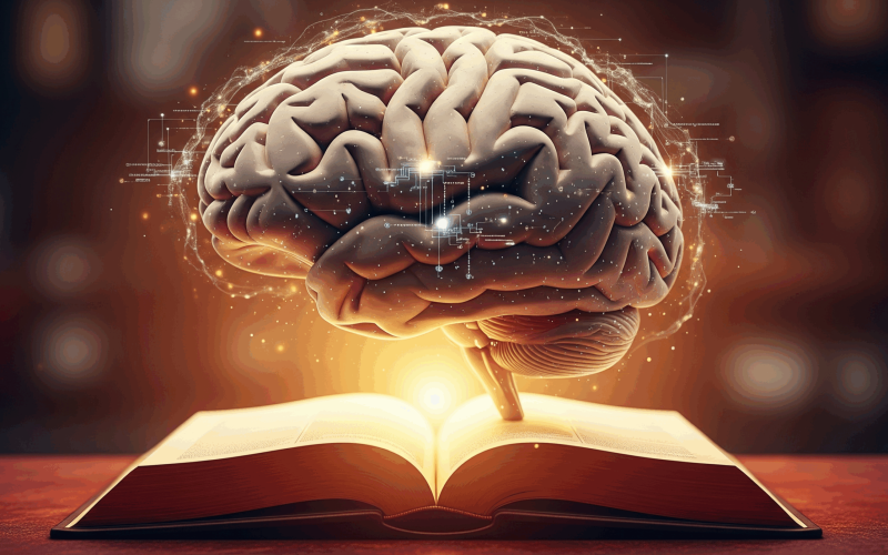 Cérebro humano estilizado, brilhante e conectado digitalmente, pairando sobre um livro aberto que emana uma luz dourada.