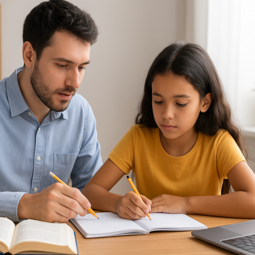 "Professor auxiliando uma estudante em atividade escolar, ambos sentados à mesa com cadernos, livros e notebook, em ambiente iluminado por luz natural."
