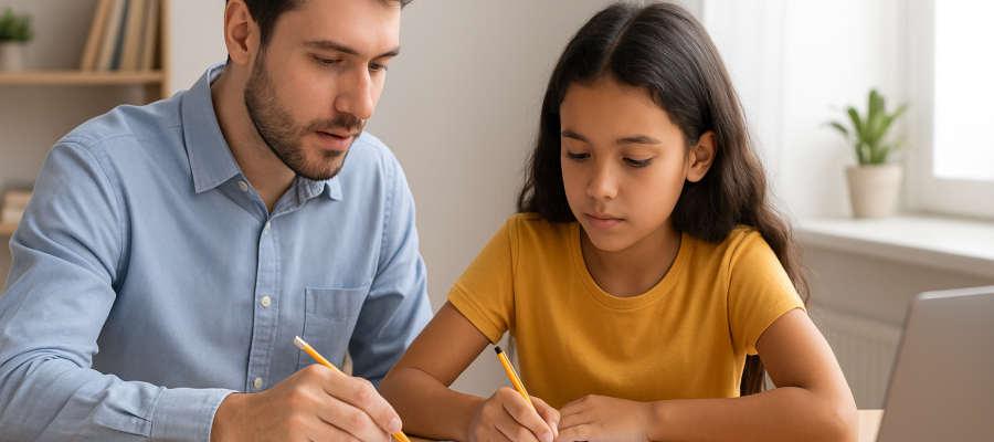 "Professor auxiliando uma estudante em atividade escolar, ambos sentados à mesa com cadernos, livros e notebook, em ambiente iluminado por luz natural."