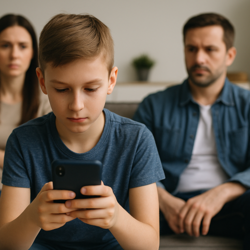 Menino distraído com celular no sofá enquanto seus pais, sentados atrás, o observam com expressão preocupada, refletindo a desconexão familiar causada pelo uso excessivo de telas.